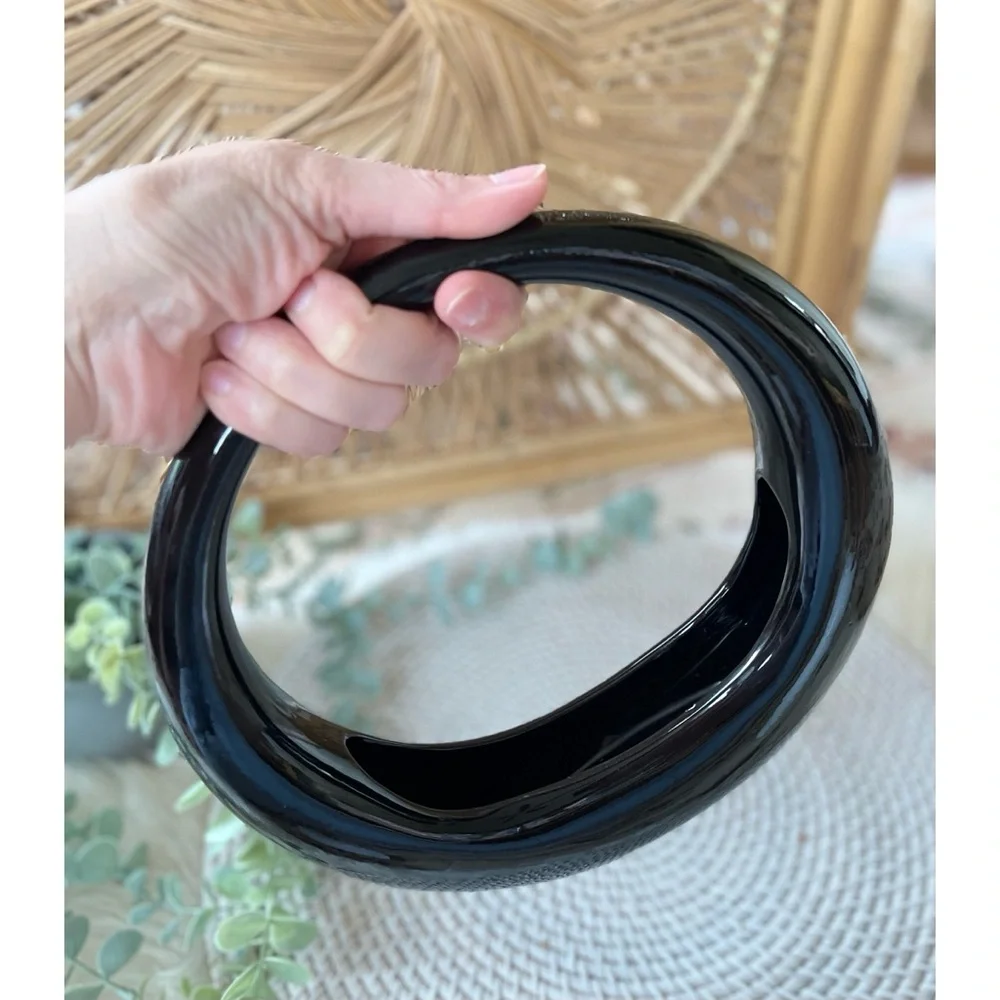 Vintage Retro Mod Glossy Black Ceramic Round Donut Planter